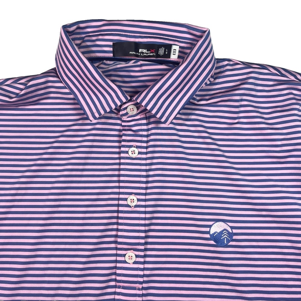 Ralph Lauren RLX Polo Shirt Men's Large Pink Blue Striped Golf Mountain Logo Euc
